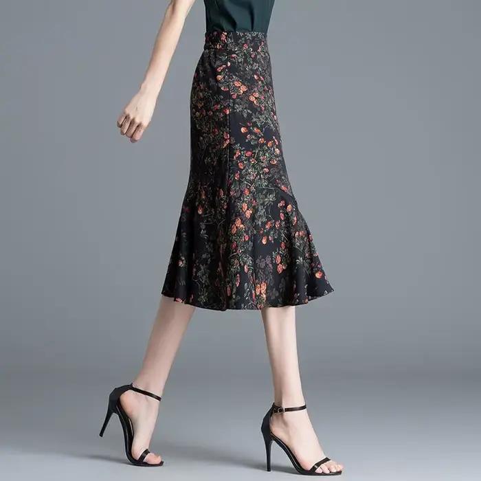 Jupe mi-longue sirène à imprimé floral pour femme