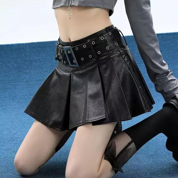 Deeptown-Mini jupe plissée en cuir pour femme, jupes rétro pour femme, streetwear gothique, ligne A, noir, punk, grunge, vintage, Y2k