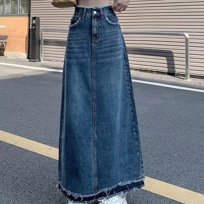 Jupe trapèze taille haute décontractée pour femmes, jupes en denim, style de rue, bord rugueux, version coréenne, tempérament rétro, été