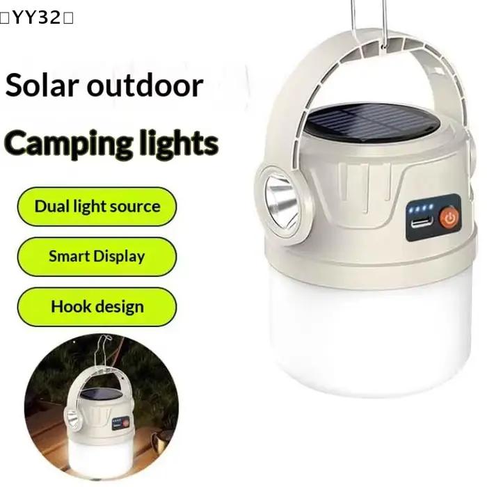 Lampe de camping à longue durée de vie, alimentée par énergie solaire, prend en charge la charge de type C, lampe de tente portable d'extérieur, lampe de secours, crochet〔YY32〕