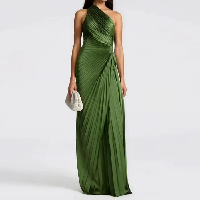 Robe de soirée asymétrique plissée verte sans manches pour femmes, échancrure audacieuse, dos nu, idéale pour les vacances d'été, mariages et événements spéciaux