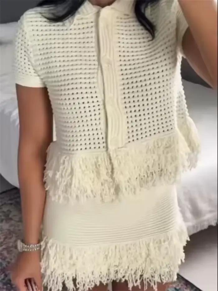 Femmes tricot gland jupe ensembles évider revers demi manches haut + plissé Mini jupes costume 2025 été dame 2 pièces ensemble tenues