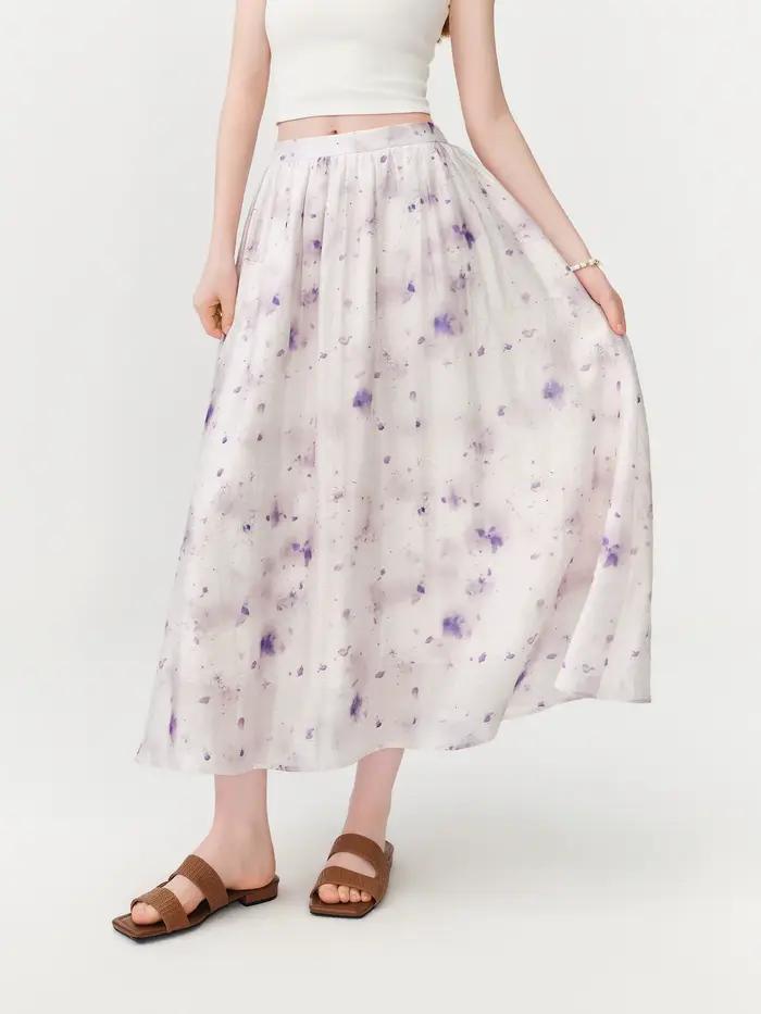 Jupe midi évasée tie-dye lilas pour femme, taille haute et tombé fluide, idéale pour les vacances et les sorties quotidiennes, élégante et confortable