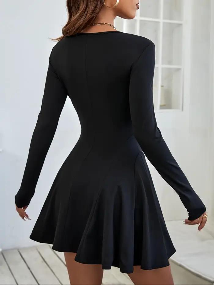Robe jupe évasée de couleur unie pour femmes, robe élégante taille haute à manches longues et col rond pour femmes, vêtements pour femmes