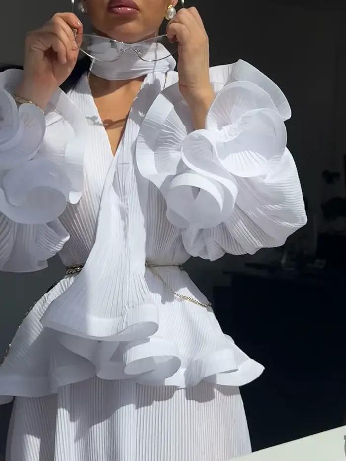 Ensemble chic 2 pièces pour femme : chemise à manches cloche et jupe, col en V, volants, avec écharpe – Collection été 2026