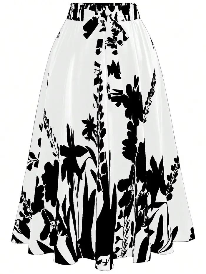 Jupe midi à imprimé floral taille haute pour femme - Jupe évasée noire et blanche avec ceinture élastique pour l'été et le printemps