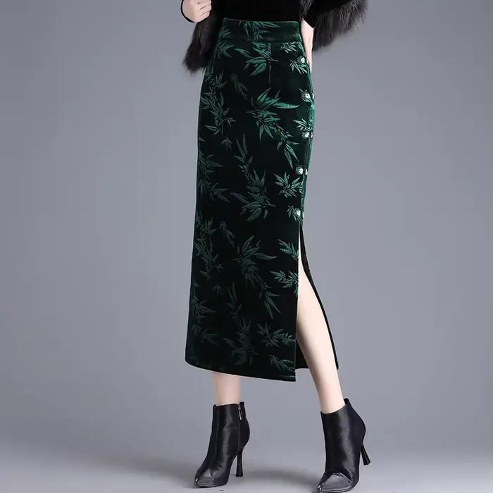 ZUZK velours imprimé jupe moulante élastique taille haute coupe droite mi-longue fente femmes automne hiver nouvelle