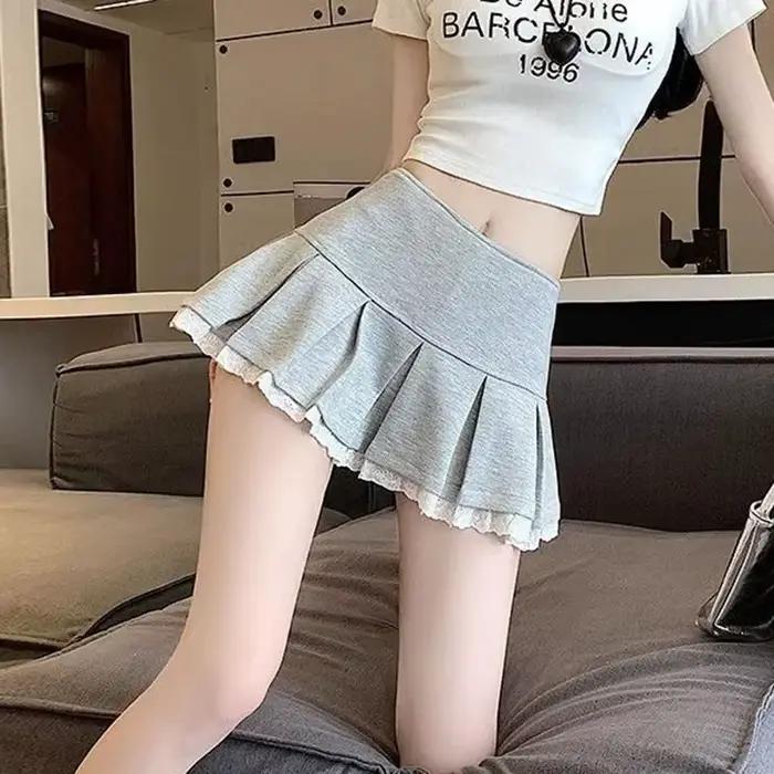 High-Waisted Skirts for Women Korean Fashion Lace Spliced Pleated Skirt Ladies Summer All-Match Anti-Glare Mini