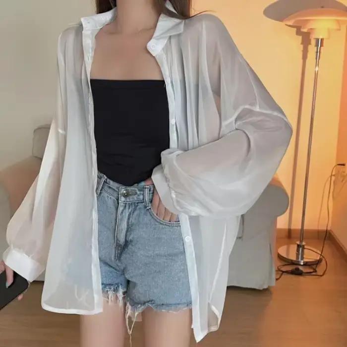 Femmes Chemise À Manches Longues Top Chemisier Femme En Mousseline De Soie Lâche Sexy Solide D'été Cardigan Couleur Mince Chemise Décontractée Vêtements D'extérieur Franc [рач coi