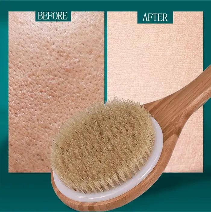 Brosse pour le dos à long manche pour exfolier la peau avec des poils – Brosse pour le corps du dos en bois pour le brossage et l'épurateur sec pour la douche