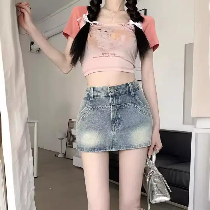 Jupe en jean taille haute délavée vintage américaine pour femmes