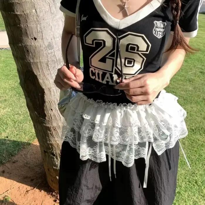 Femmes Y2K coréen dentelle Mini jupe superposée Streetwear à lacets volants Harajuku taille haute plissée dames