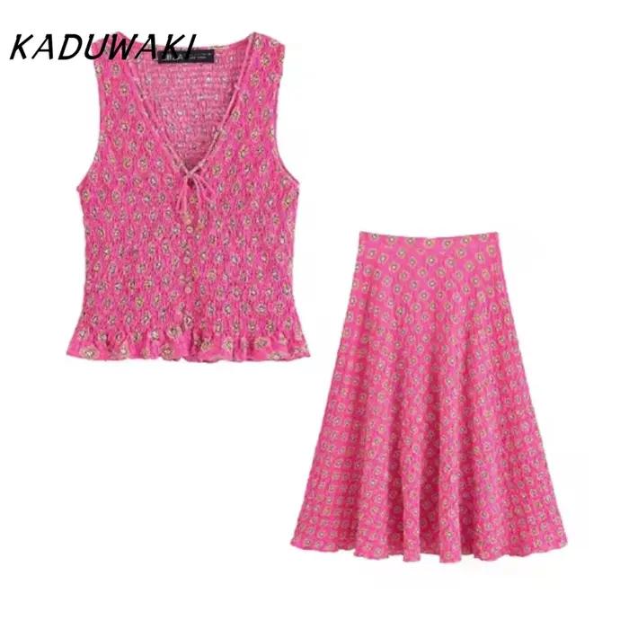 KADUWAKI Y2k imprimé jupes Maxi ensemble sans manches à lacets débardeurs taille haute Baggy