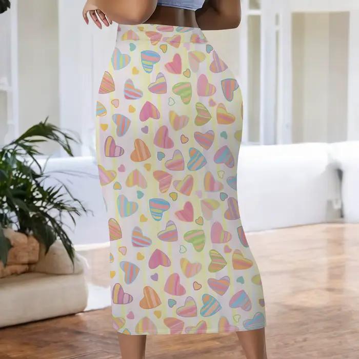 Jupe midi à imprimé cœurs pastel