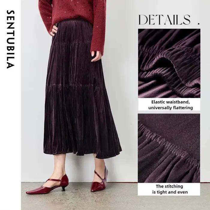 Jupe en velours Sentubila pour femme, élégante jupe à volants, automne-hiver 2026, polyester doux, taille élastique, design moderne, coupe ample trapèze, idéale pour le bureau et les soirées chic