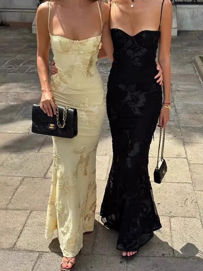 Robe de soirée élégante sans dos, couleur unie, style français, à fines bretelles, ornée de fleurs, haut de gamme, pour banquets, coupe ajustée.