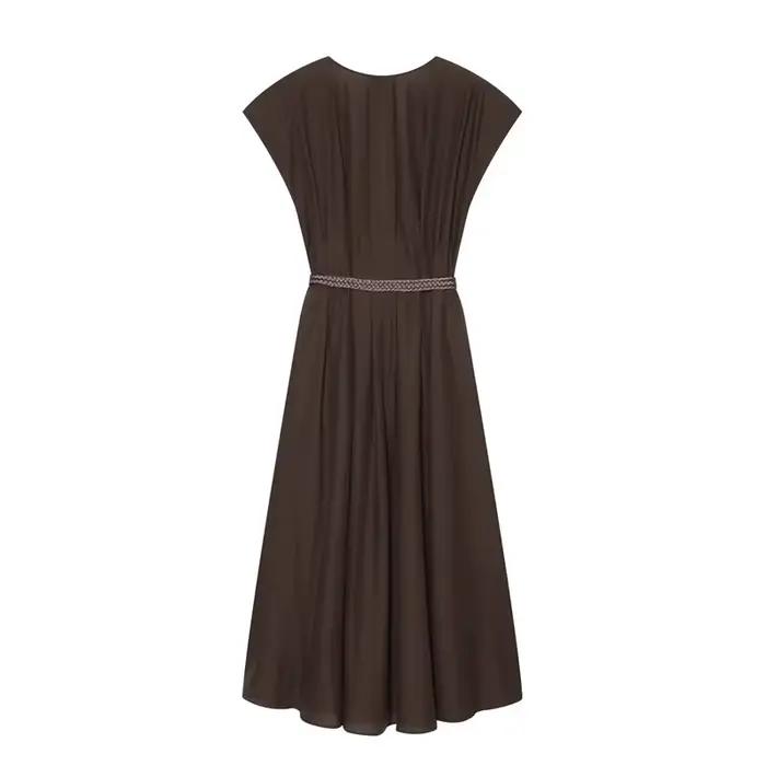 Robe midi élégante en satin marron pour femme, à manches courtes, col en V, avec ceinture à franges tressées et lien à nouer à la taille, couleur unie