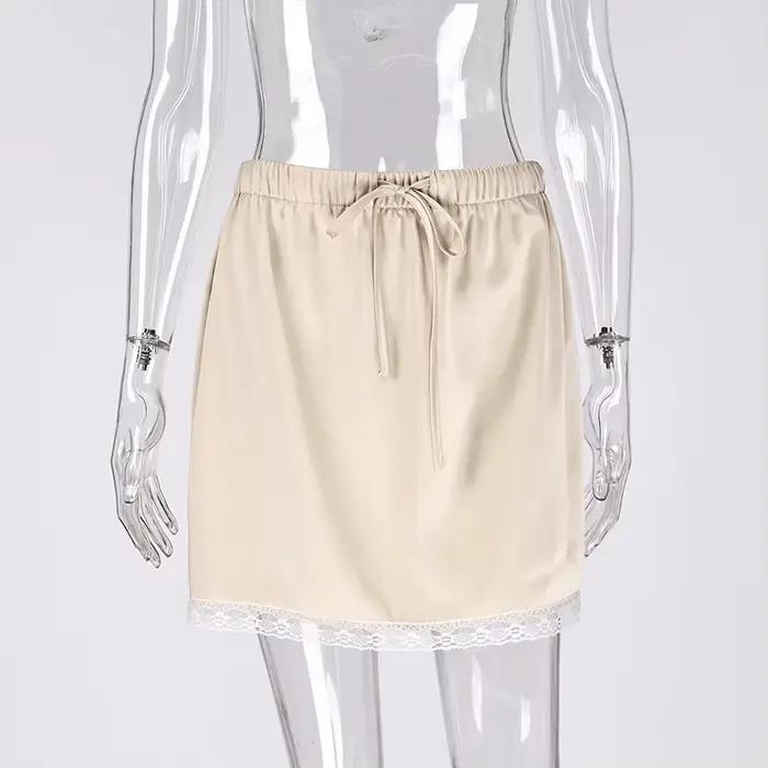 Linad élégant abricot dentelle cordon jupes femme rue Chic solide Satin Mini jupe été mode taille haute