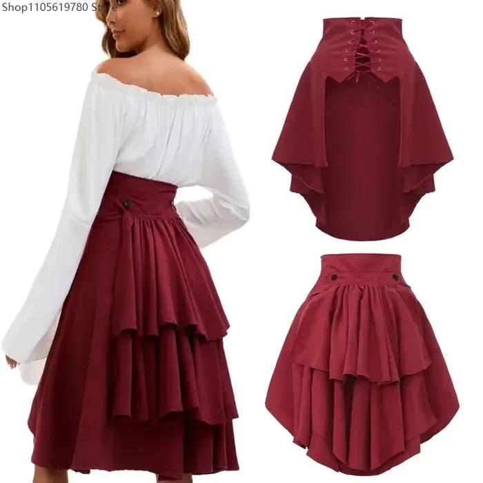 Jupe plissée irrégulière taille haute style Gothic Lolita avec lacets et volants