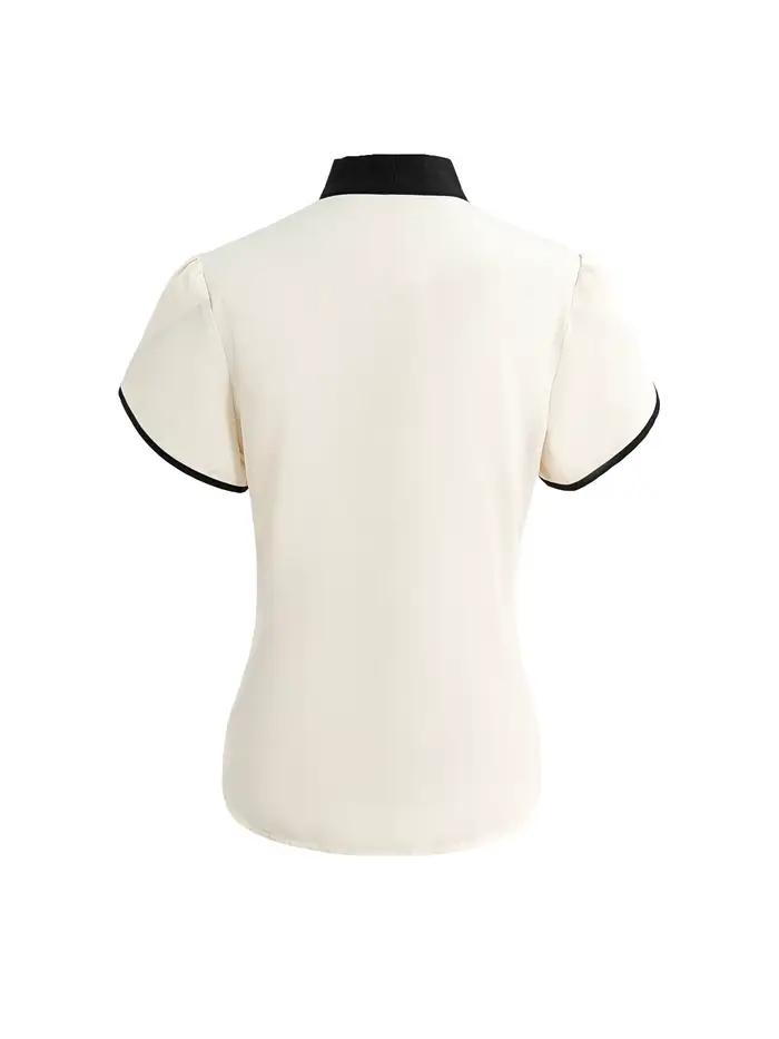 Chemisier Chic Basique Femme Printemps-Été Blanc Crème Noir Col Nœud Papillon Manches Courtes Bouffantes Élégant pour la Saint-Valentin Tenue de Bureau
