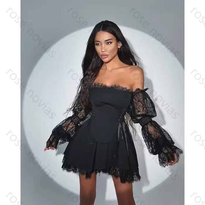 Robes de cocktail noires élégantes personnalisées, coupe trapèze, sans bretelles, en dentelle de haute qualité, longueur genou, pour occasions spéciales