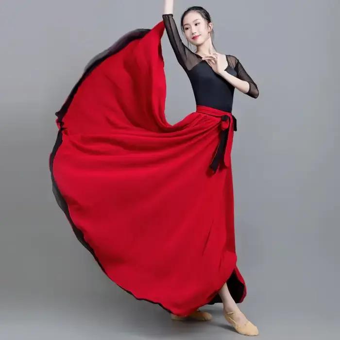 8Mi-Robe de danse longue double face en mousseline de soie pour femme