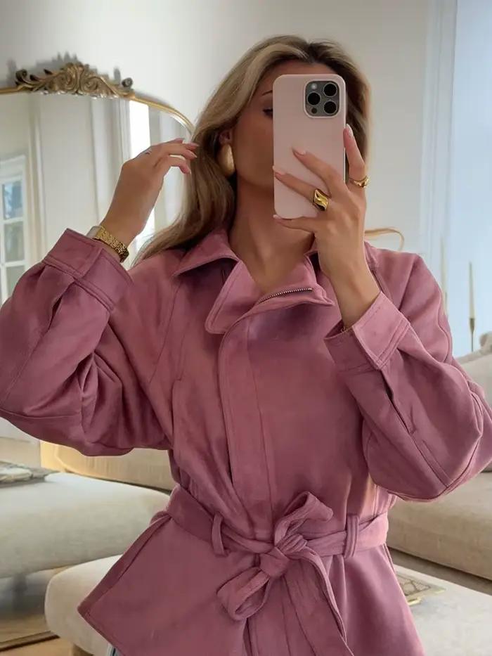Ensemble jupe et veste courte asymétrique à fermeture éclair et ceinture pour femme HH
