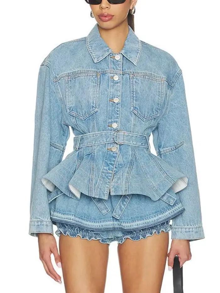 Ensemble deux pièces en jean pour femme : veste sexy à manches longues avec ceinture et short à nœud – Tenue de soirée et cocktail