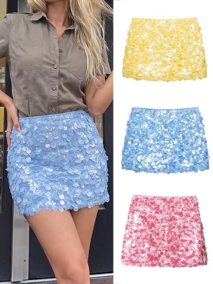Jupe mini à sequins unie pour femme HH