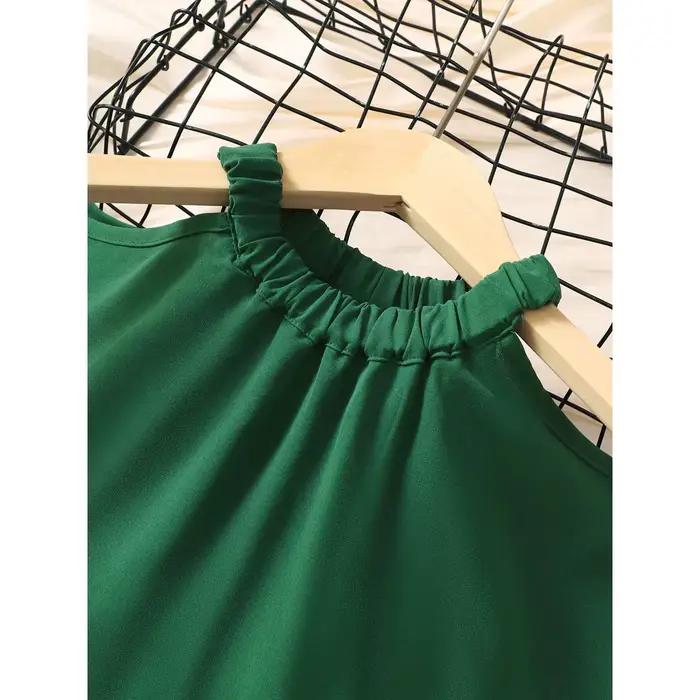 Robe de princesse pour filles de 8 à 12 ans, épaules dénudées, verte, avec ceinture, pour enfants filles, école d'été, tenue trapèze décontractée quotidienne