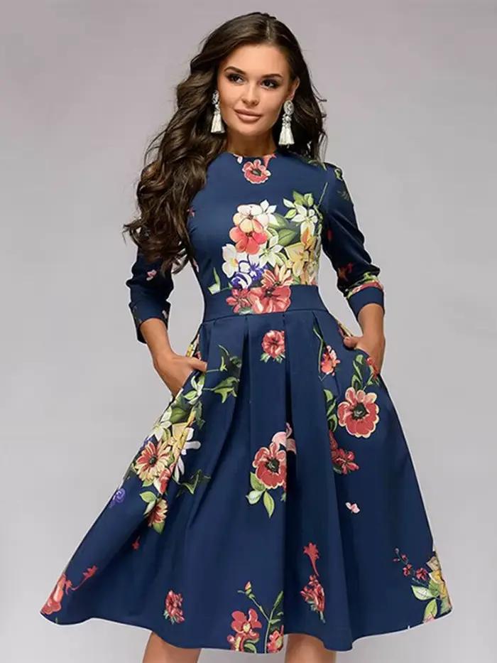 Vintage tunique plissée robe imprimée femmes dames élégantes une ligne robes à manches longues femme automne mixi robe de soirée vestidos