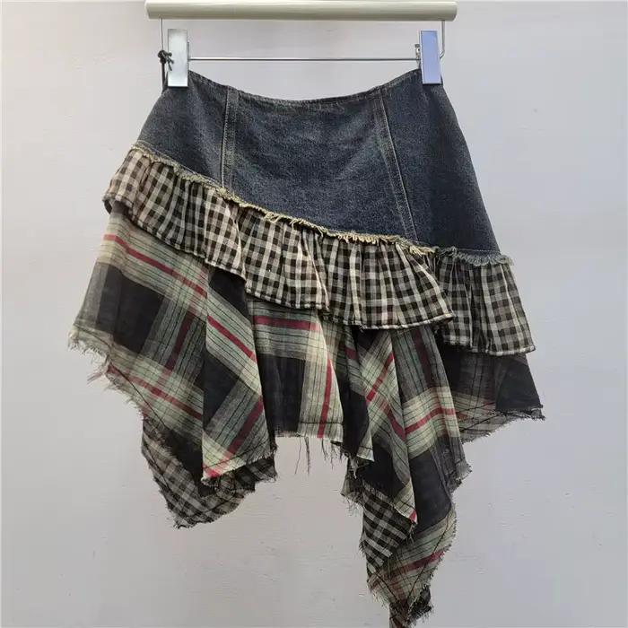 Mini jupe superposée en Denim vieilli, Plaid, Patchwork, boutons, Design, Streetwear, nouvelle collection automne 2025, jupes courtes irrégulières Y2k