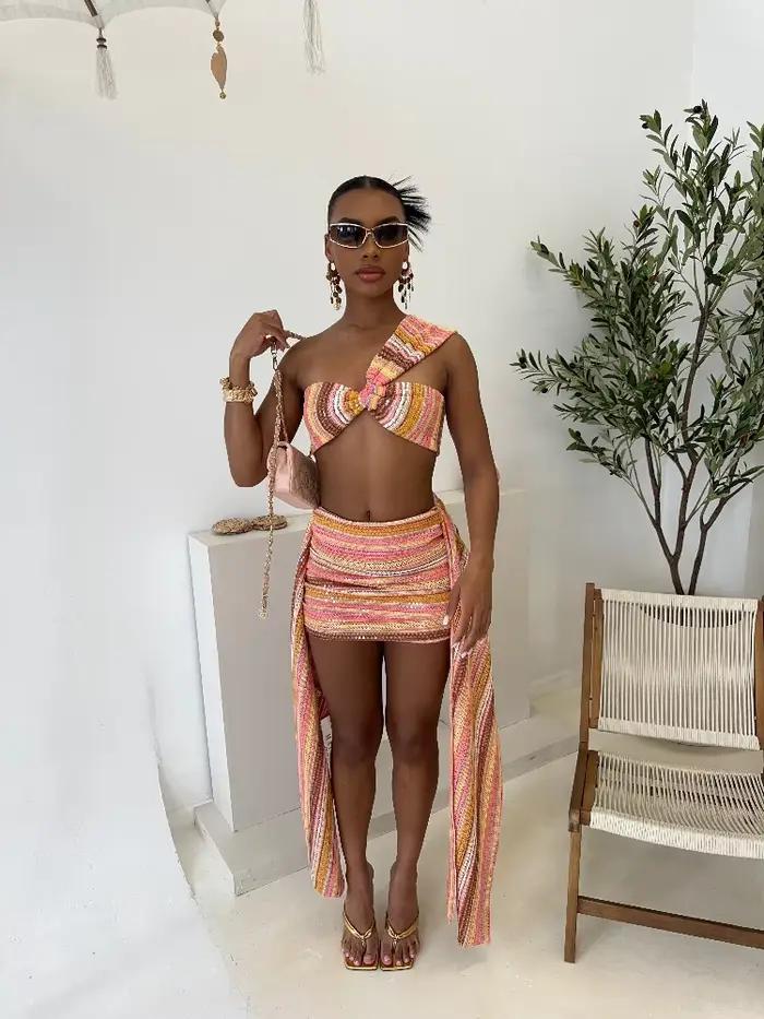 Tricot paillettes Sexy une épaule jupe femmes ensemble coloré haut court drapé Mini jupes mince moulante 2 pièces ensembles dame vêtements de plage