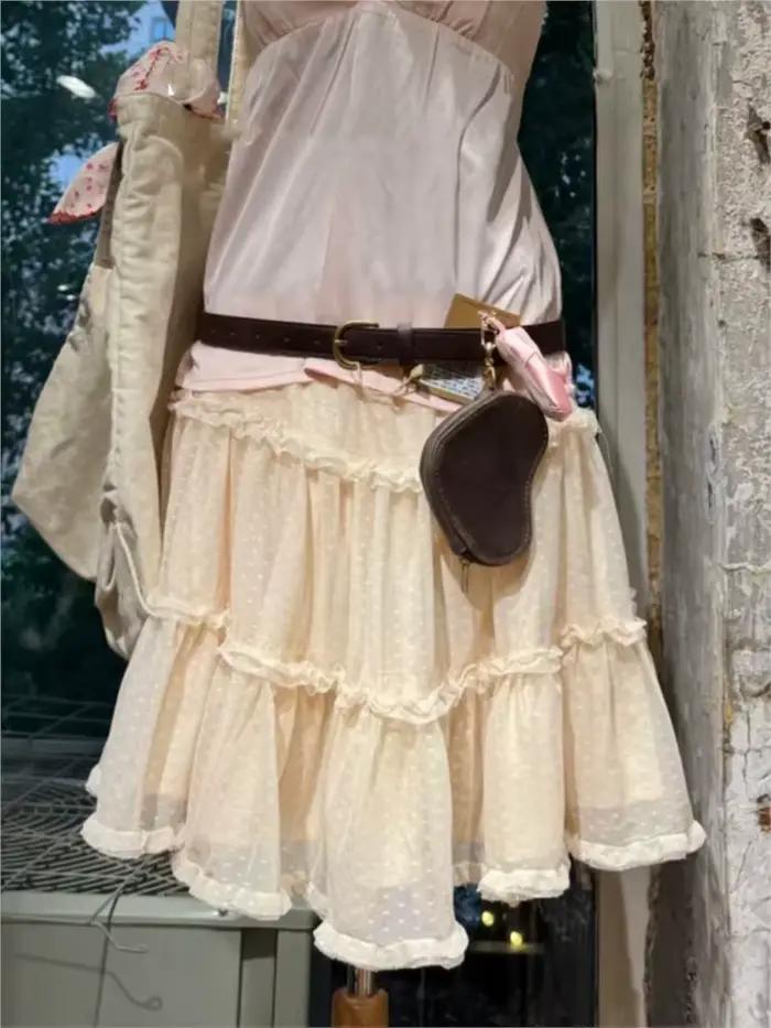 Jupes Jacquard en maille à pois longueur genou pour femme, taille élastique, volants, coupe trapèze, style preppy, jupe courte beige Y2K