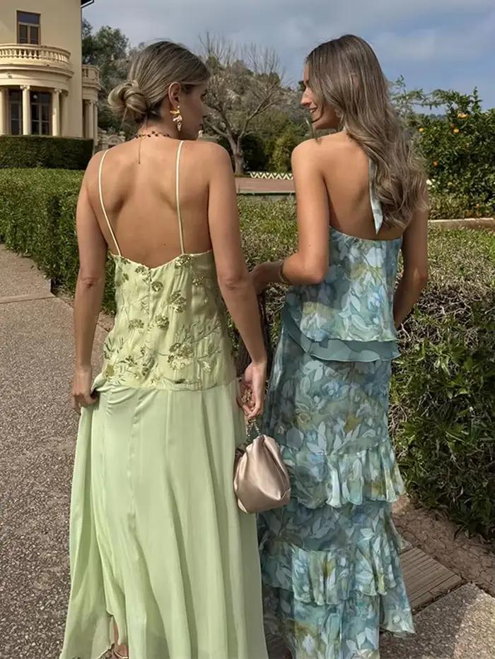 Ensemble jupe longue et haut dos nu à imprimé floral pour femme, sans manches, avec jupes à volants, tenue de plage bohème pour les vacances, été 2026