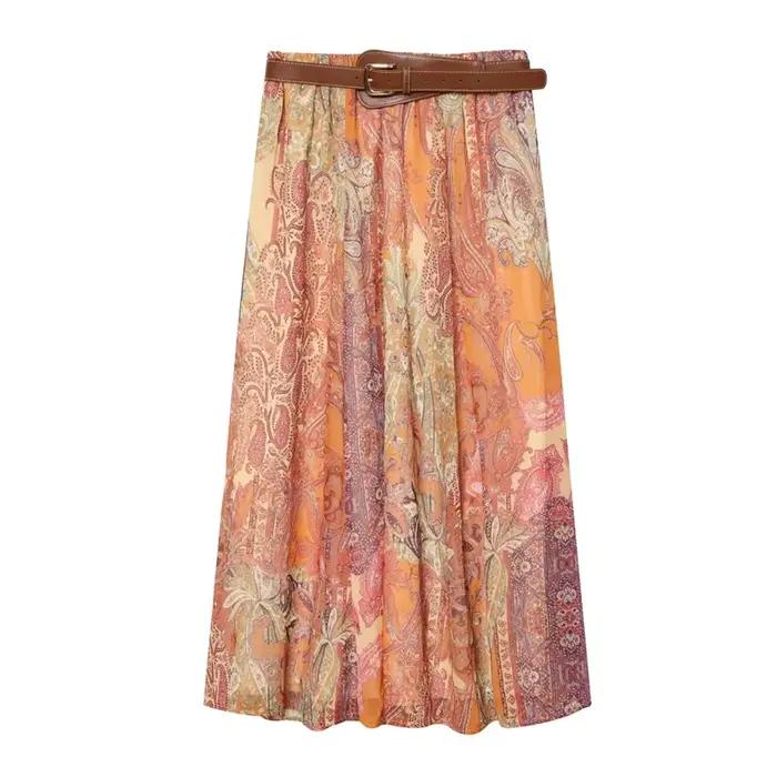 Jupe midi Guobioziy fibre de polyester fleur imprimé décontracté pour soirées officielles et carnavals femmes juniors 2026
