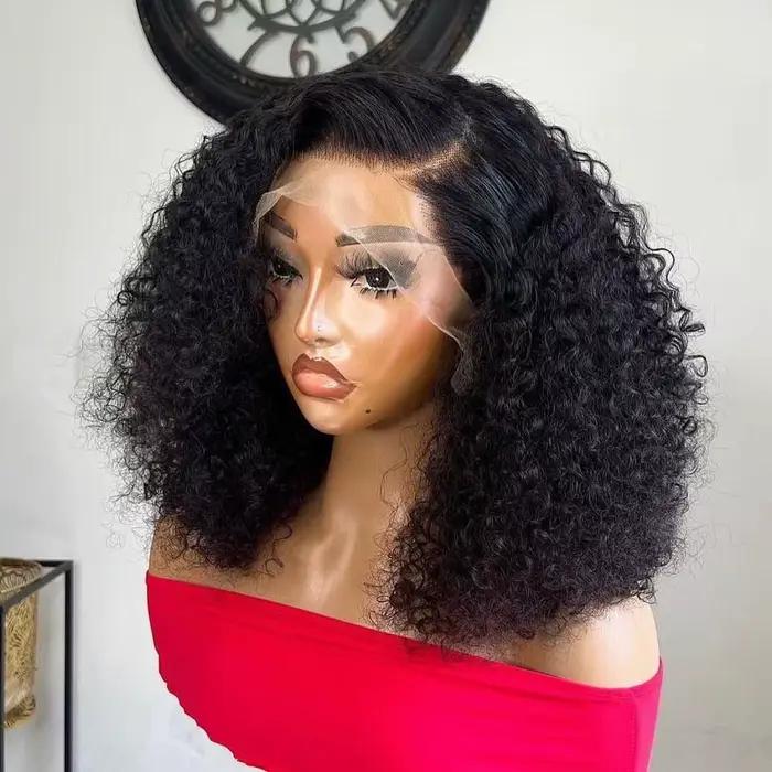 Perruque synthétique courte bouclée style bob, 13x4 HD, avec dentelle frontale complète, pré-épilée, nœuds blanchis, sans colle, pour femmes noires