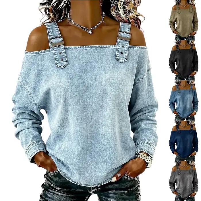 Haut en jean pour femme, haut élégant à épaules dénudées et manches longues avec bretelles, chemise en jean élégante et polyvalente, Streetwear