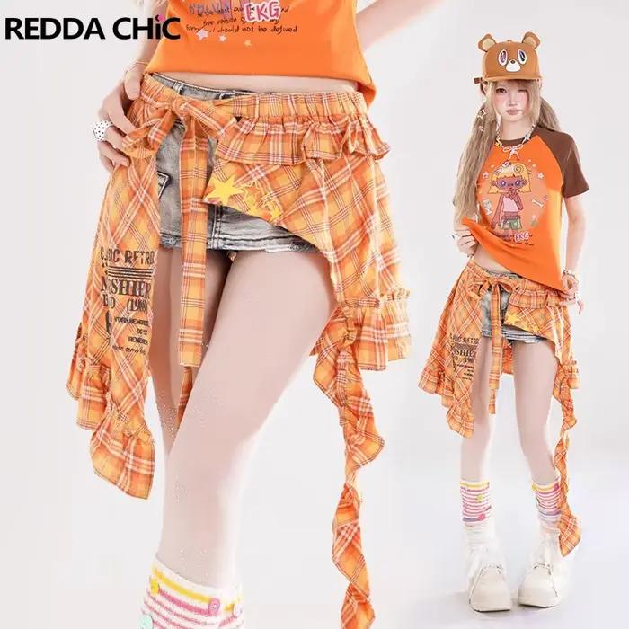 REDDACHiC – jupe portefeuille à carreaux pour robe en jean Y2k