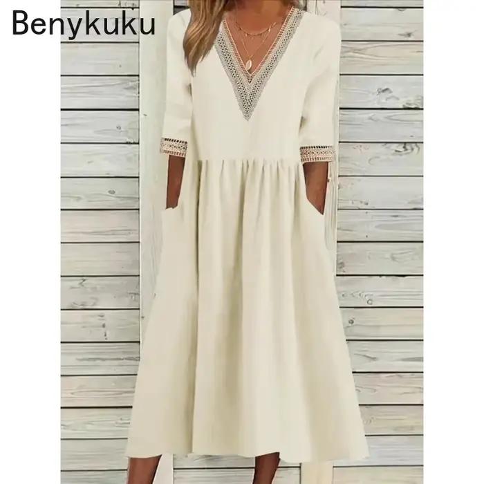 Robe mi-longue décontractée chic vintage en coton et lin à col en V et manches courtes pour femme – Nouvelle collection été 2026