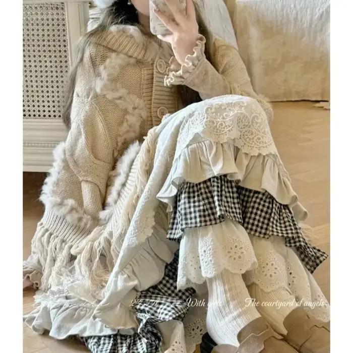 Femmes doux Vintage Mori fille Style taille haute épissage Plaid jupe longue hiver nouvelle mode coréenne Beige dentelle Kawaii jupes Maxi