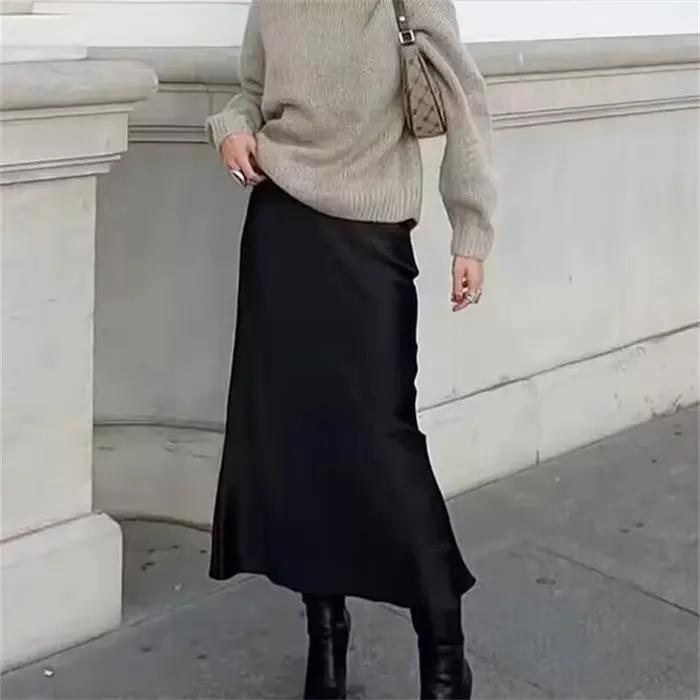 MUJER noir Satin jupe femme nœud élégant jupes longues pour les femmes 2025 été taille haute