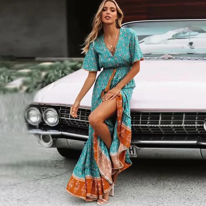 Robe maxi TEELYNN en coton bleu rayonne imprimé floral sexy v profond boho été ample hiphélicoptère longue éducative