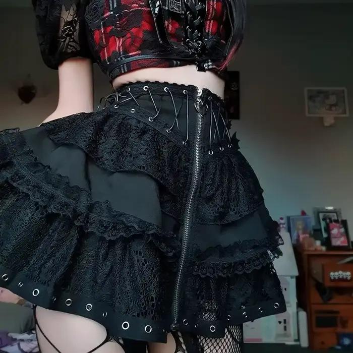 Gothique patineuse Punk Vintage taille haute jupe femmes fermeture éclair avant Style japonais Kawaii noir Harajuku Cosplay Mini jupes