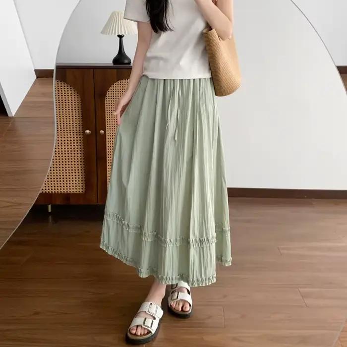 Jupe longue décontractée pour femme, couleur unie, à volants, taille élastique, coupe trapèze, jaune clair, pour printemps, été et vacances à la plage