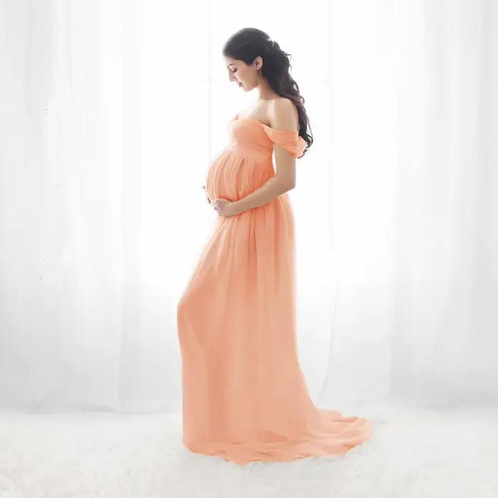 Robe de maternité Sexy pour photographie, couleur unie, épaules dénudées, en mousseline de soie, Maxi, fendue, longue, robes de grossesse pour séance photo