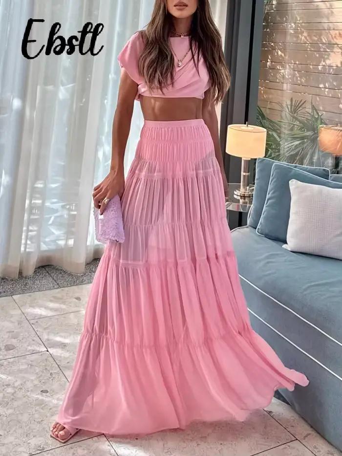 Ensemble jupe plissée unie pour femmes, haut court sans manches, taille haute, jupes trapèze élastiques, costumes élégants pour dames, printemps 2025