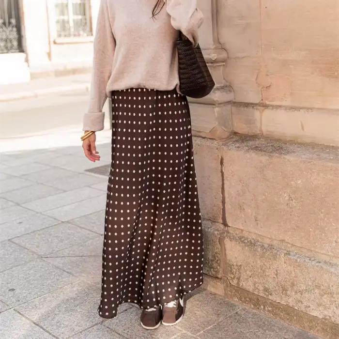 Femmes à pois jupe Maxi élégante moulante une ligne Flare jupes longues mignon points imprimé fluide