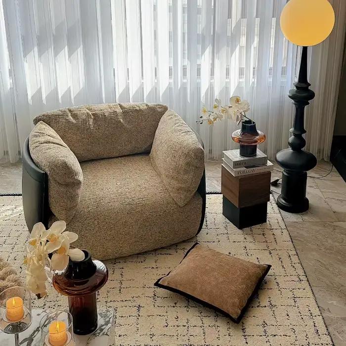 Fauteuils de salon occasionnels pour balcon, Tatami, fauteuils de salon marron de luxe, pouf, fauteuils baril, mobilier nordique
