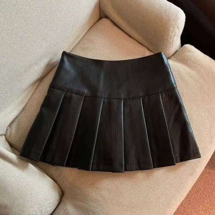 Jupes plissées en PU pour femmes, mini haute taille, vintage, streetwear chic, y2k, mode automne, classique, assortie avec tout, silhouette élégante, confortable, ajustement flatteur, polyvalence rare, usage quotidien, soirées entre amis, promenades dans la ville, style personnel